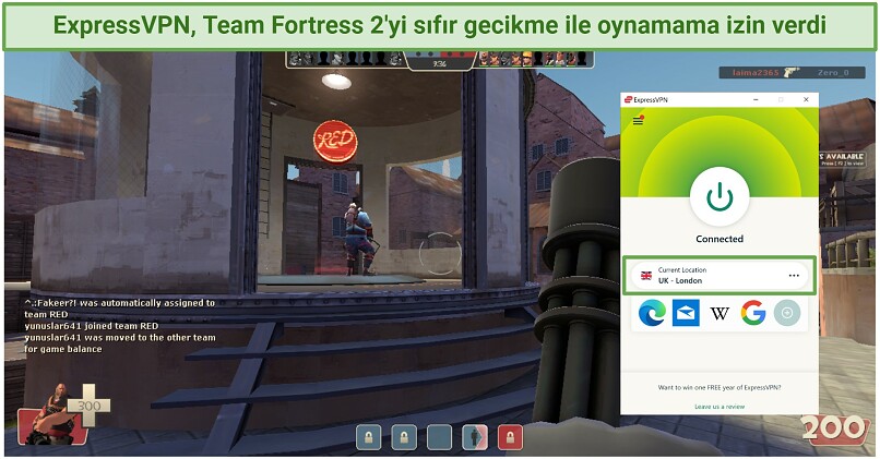 ExpressVPN'nin Londra sunucusuna bağlanarak Team Fortress 2 oynarken ekran görüntüsü
