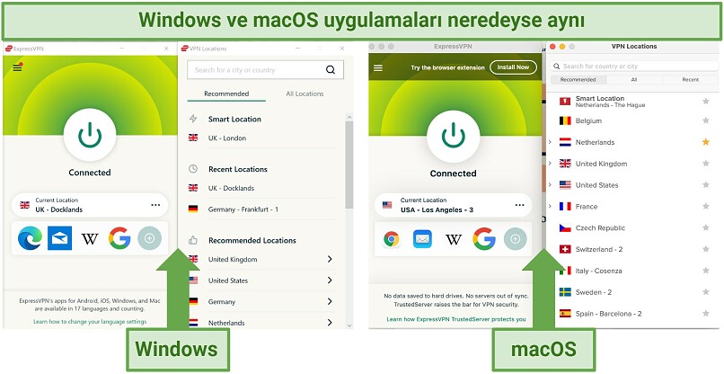 ExpressVPN'in Windows ve Mac uygulamalarının yan yana ekran görüntüleri