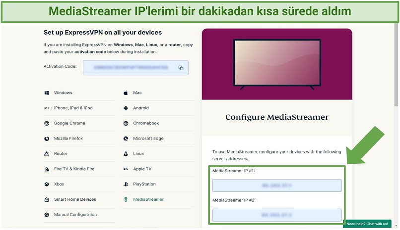 ExpressVPN hesap web sitesinde MediaStreamer ayarlarının ekran görüntüsü