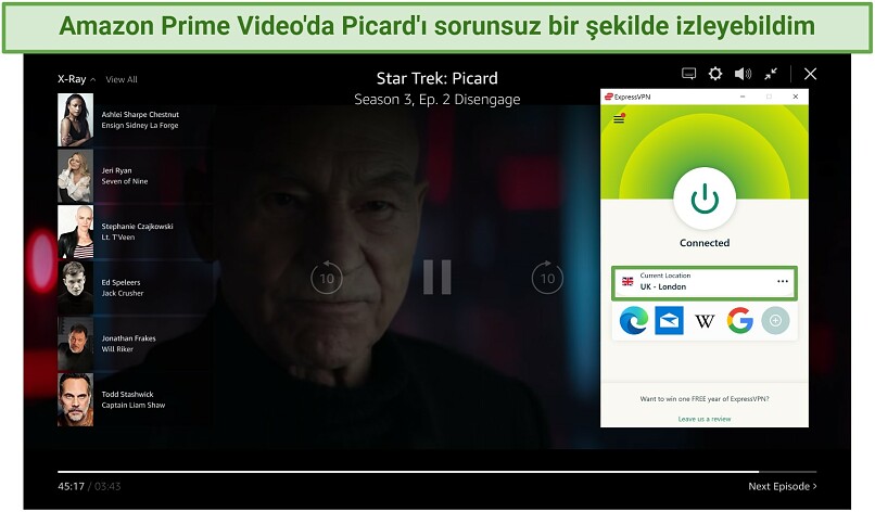 ExpressVPN'in Amazon Prime Video'da Picard'ı yayınladığını gösteren ekran görüntüsü