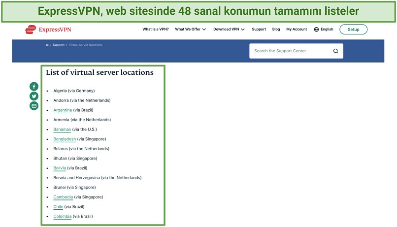 ExpressVPN'in web sitesindeki Sanal sunucu listesinin ekran görüntüsü
