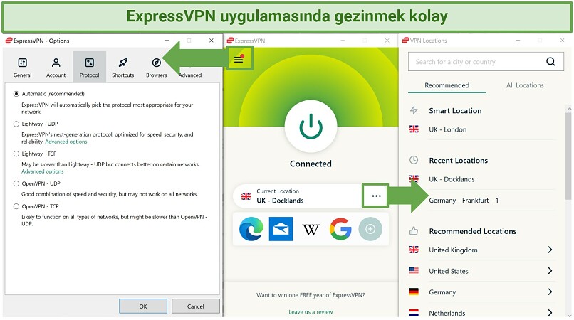 Ana ekranı, sunucu listesi ve seçenekler sayfasını gösteren ExpressVPN Windows uygulamasının ekran görüntüsü