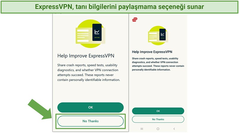 ExpressVPN uygulamasında ExpressVPN'i İyileştirmek İçin Yardım Edin sayfasının ekran görüntüsü