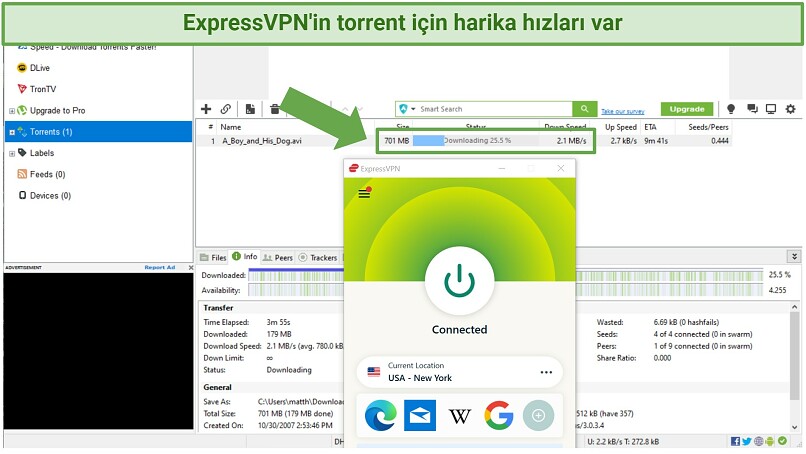 ExpressVPN'e bağlanırken A Boy and His Dog indiren Utorrent'in ekran görüntüsü