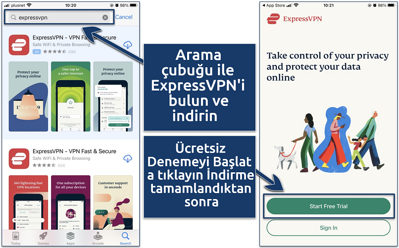 Screenshot showing how to download ExpressVPN on iOS
