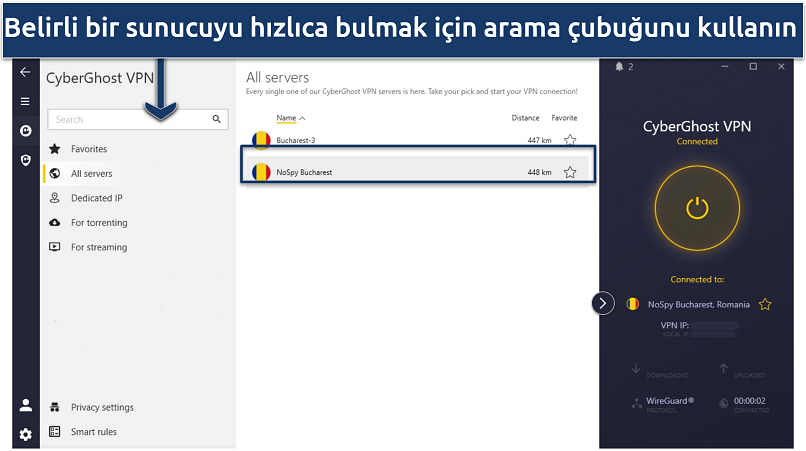Screenshot of CyberGhost's interface, with VPN connected to a Romanian NoSpy server