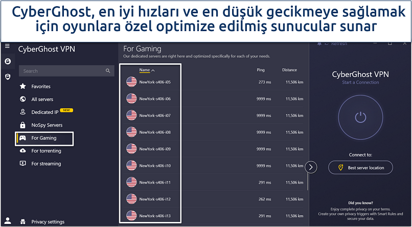 Screenshot of CyberGhost's gaming servers