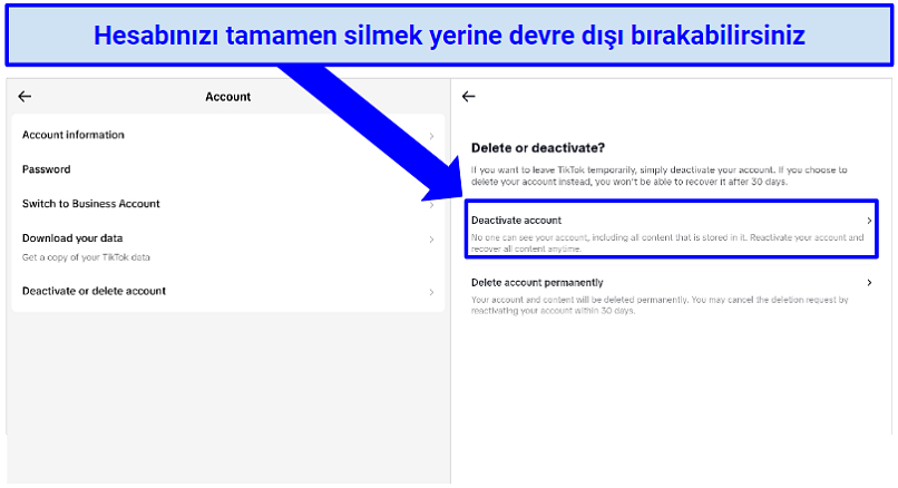 Pictures of TikTok account deactivation option