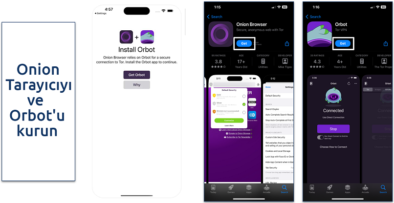 Screenshot of the Onion Browser and Orbot on the Apple's App Store