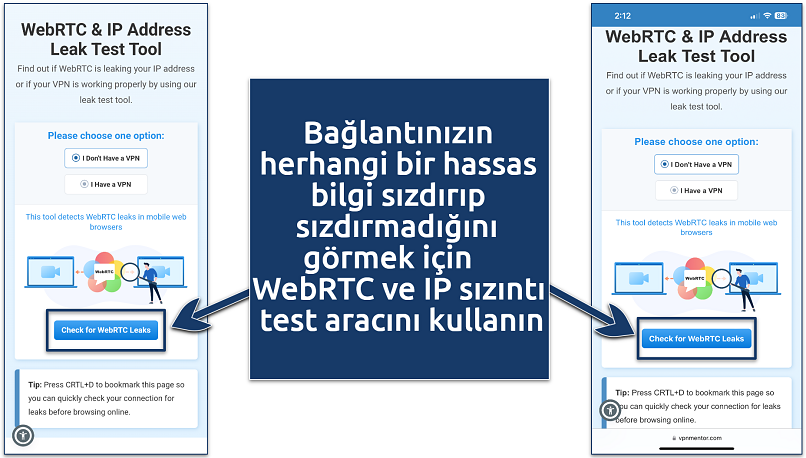 Screenshot of VpnMentor's WebRTC and IP address leak test tool