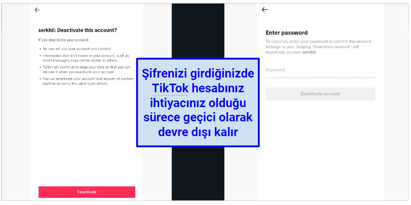 Screenshots of TikTok account deactivation