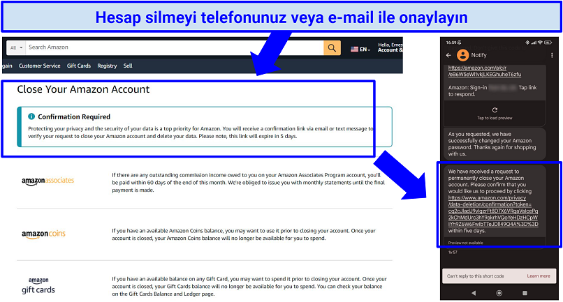 Screenshot showing how to confirm Amazon account deletion