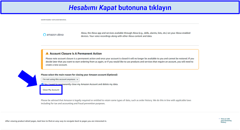 Amazon hesap silme sayfasının ekran görüntüsü