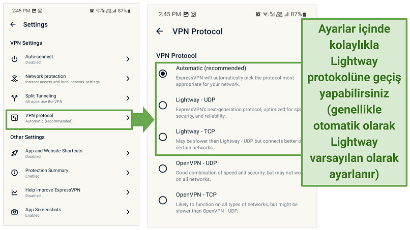 Screenshot of ExpressVPN's protocol settings