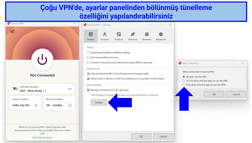 Screenshot of ExpressVPN's split tunneling settings