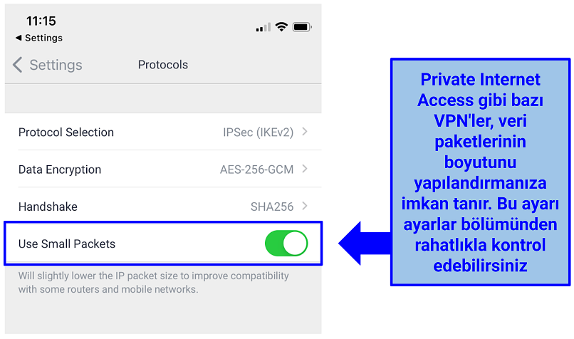 A screenshot of the PIA's small packets settings