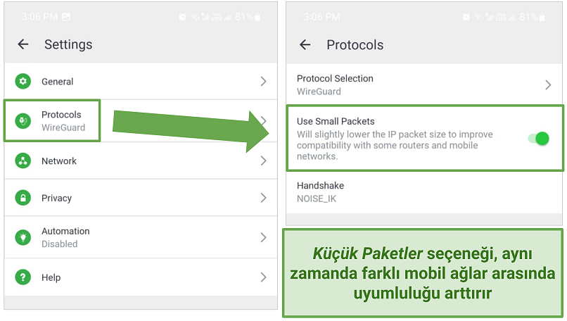 Screenshot of PIA's protocol and small packet settings