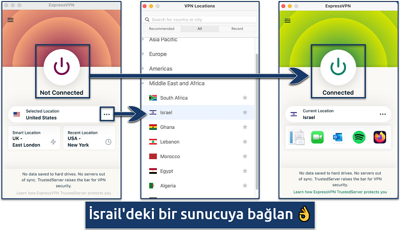 ExpressVPN sunucu listesi ve uygulamasını gösteren ekran görüntüsü