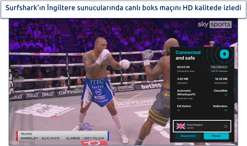 Screenshot of streaming boxing match on Sky Sports app with Surfshark UK server