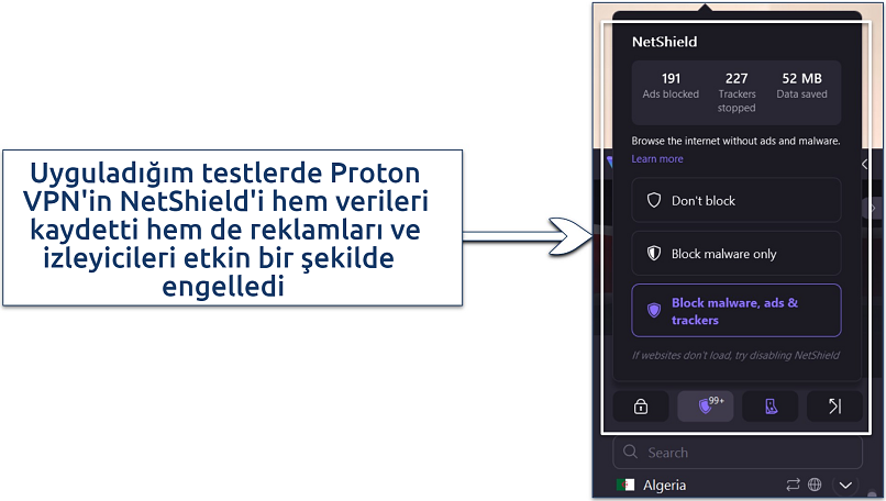 A screenshot showing Proton VPN's NetShield excels at filtering out ads, blocking trackers, and saving data