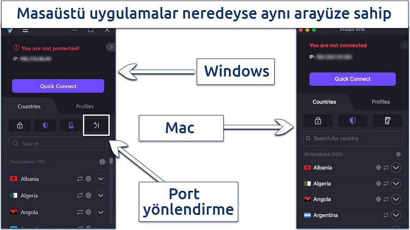 A screenshot showing Proton VPN's interface is almost the same across Mac and Windows apps