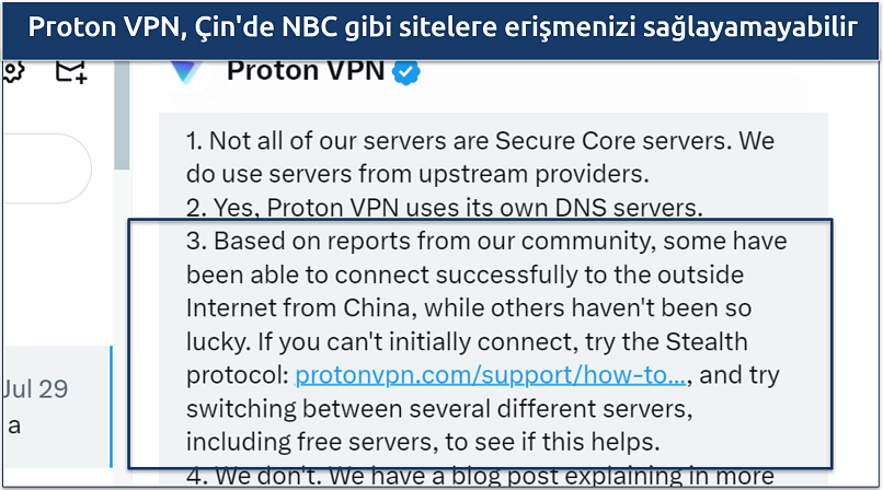 A screenshot showing Proton VPN's support team confirming the VPN may work in China