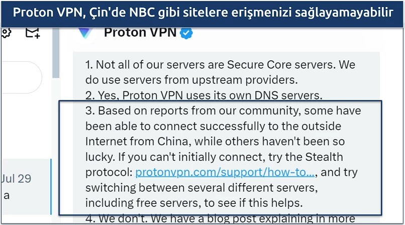 A screenshot showing Proton VPN's support team confirming the VPN may work in China