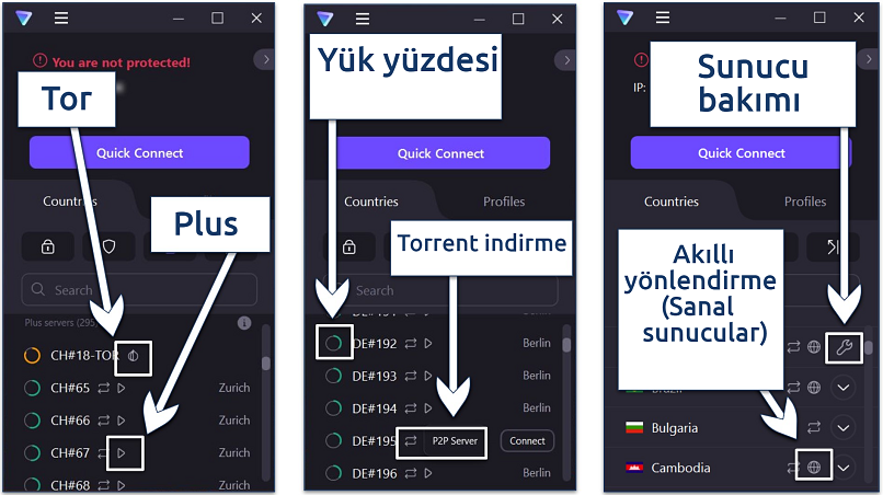 A screenshot showing the different servers offered by Proton VPN and their associated icons, along with an icon that signify maintenance