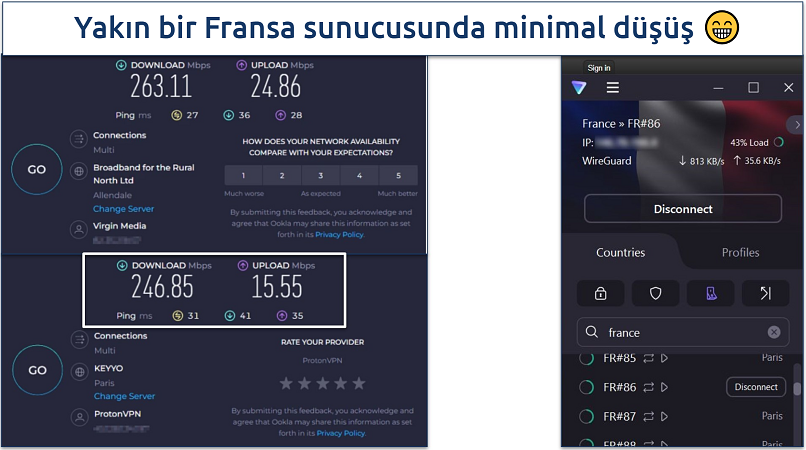 A screenshot of Ookla speed tests done while connected to Proton's France server and with no VPN connected