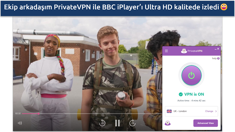 Screenshot of PrivateVPN streaming BBC iPlayer with UK London server