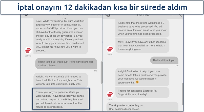 Screenshot of a conversation with ExpressVPN customer support where they approved our cancellation and refund