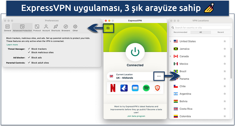 Screenshot showing the 3 interfaces of the ExpressVPN app