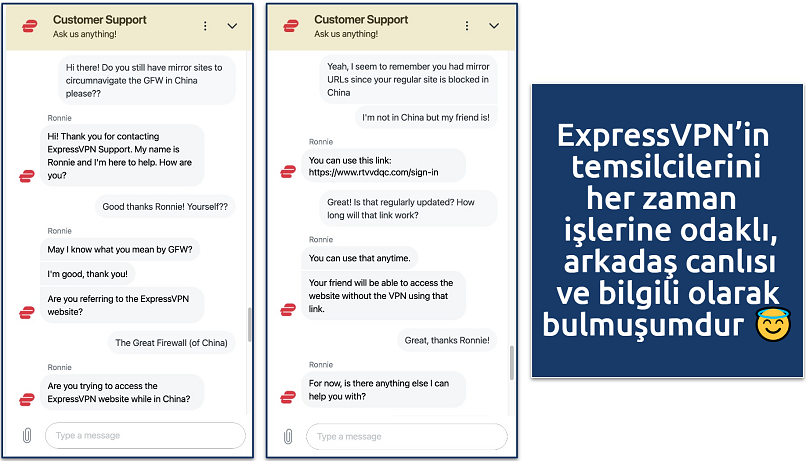 Screenshot showing a chat with the ExpressVPN customer service