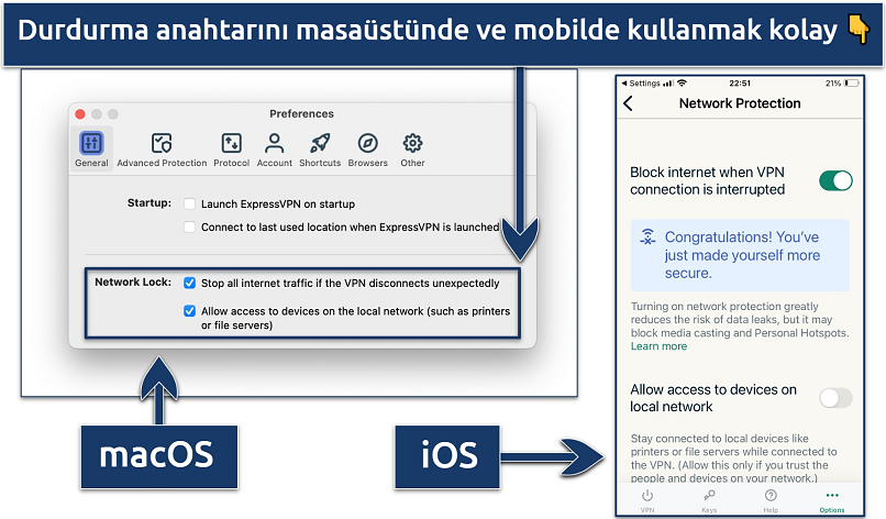 Screenshot showing how to activate the kill switch on ExpressVPN's desktop and mobile apps