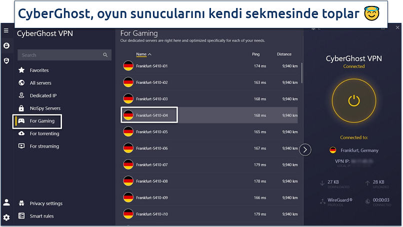 A screenshot of the CyberGhost app dashboard showing its gaming servers with their ping and distance information.