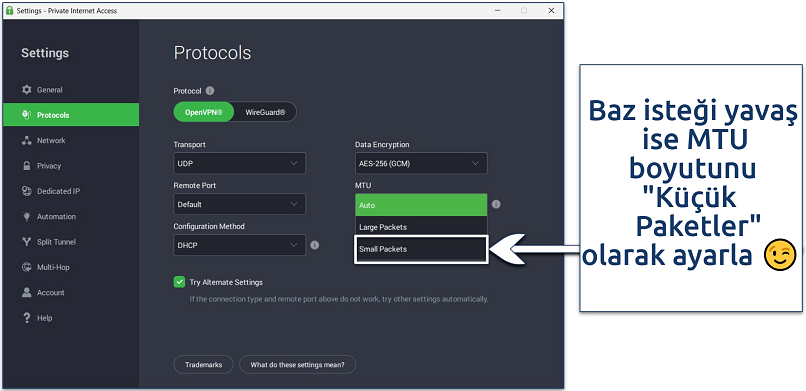 A screenshot of PIA's Protocols settings page with the dropdown menu to change MTU packets size open.