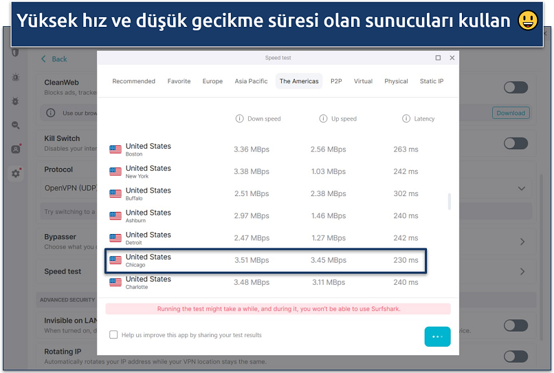 A screenshot of Surfshark's in-app speed test results for the US region.