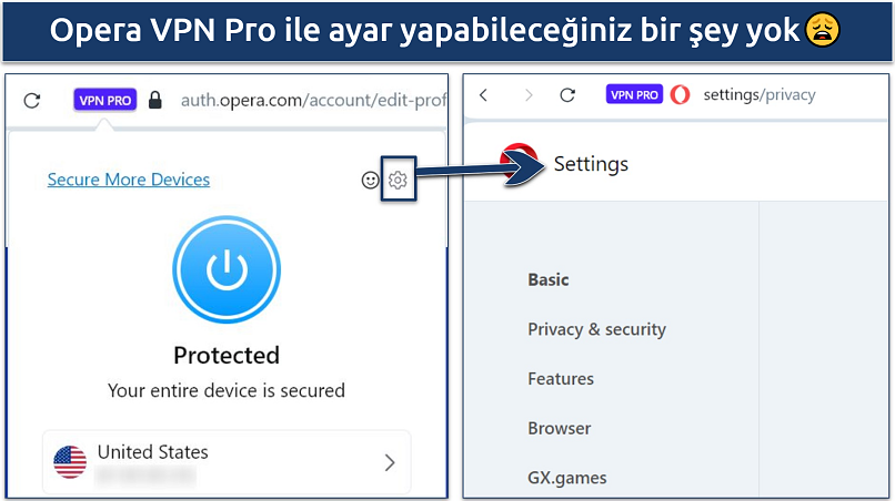 Screenshot of the Opera VPN Pro UI on Windows highlighting the 