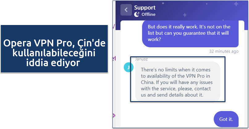 Screenshot of chat response where Opera VPN agent claims it can be used in China