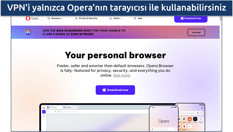 Windows için Opera tarayıcısının indirme sayfasının ekran görüntüsü