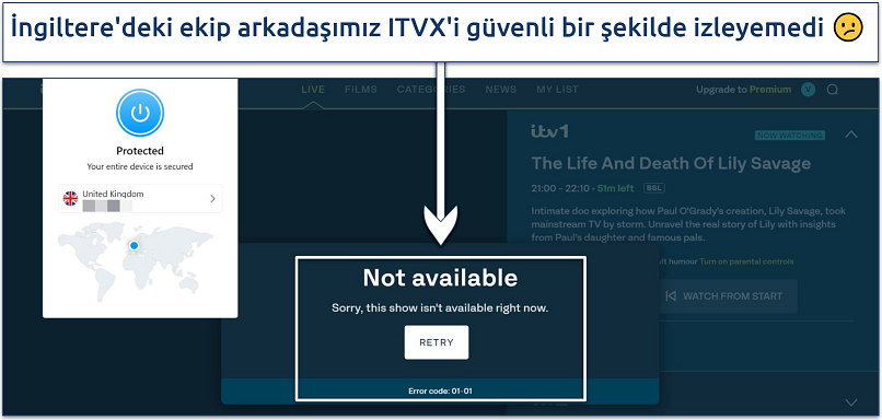 Bir testçimiz İngiltere'deki Opera VPN Pro sunucusuna bağlıyken izlemeye çalıştığında ITVX oyuncusunun hata mesajı görüntüleyen ekran görüntüsü