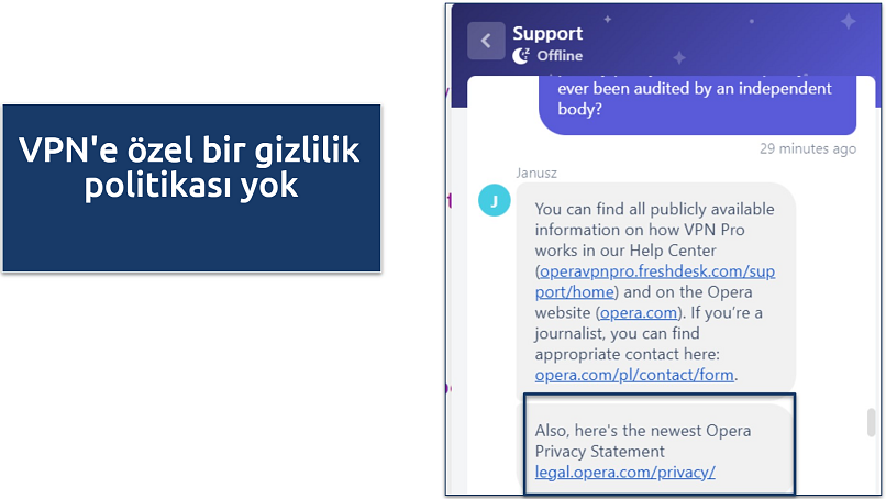 Opera VPN Pro destek ekibinin sohbet yanıtının ekran görüntüsü