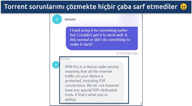 OpenVPN Pro canlı sohbet destek konuşması ekran görüntüsü, torrenting için nasıl çalıştırılacağını sordum ve yardımcı olamadılar 