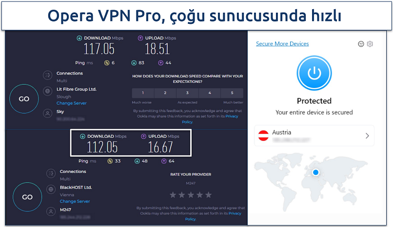 VPN bağlı değilken ve Avusturya'da yakında bir sunucuya bağlanıldığında hız testi gösteren ekran görüntüsü