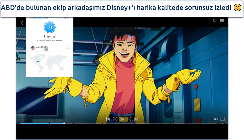 Disney+ oynatıcısının, Opera VPN Pro'ya bağlıyken X-Men 97'yi yayınlarken ekran görüntüsü