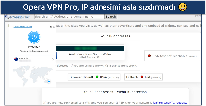 Avustralya Opera VPN Pro sunucusuna bağlıyken ipleak.net üzerinde yapılan testlerin ekran görüntüsü