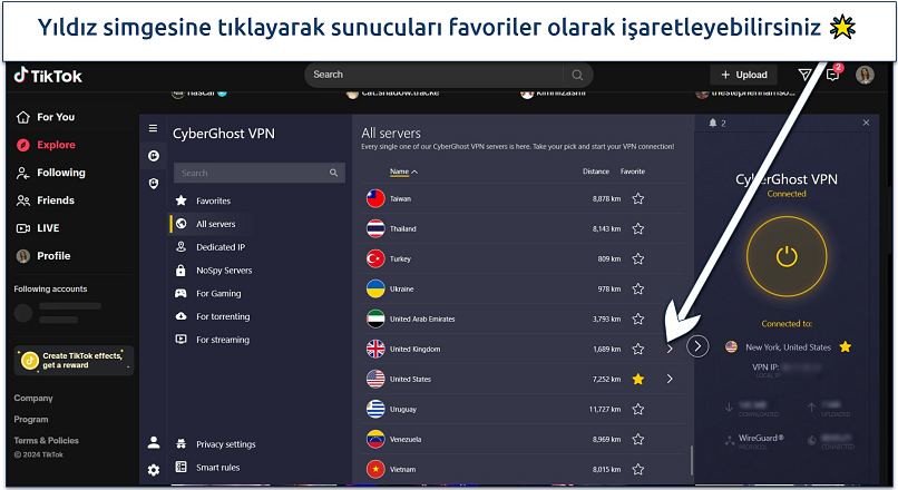 Screenshot of TikTok's explore page with CyberGhost connected to the US