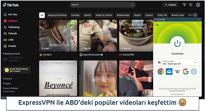 Screenshot of TikTok's explore page with ExpressVPN connected to the US