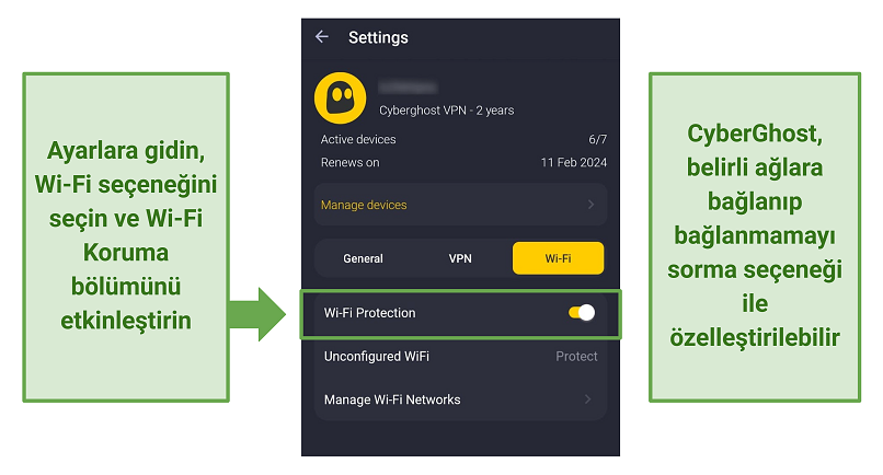 A screenshot of the CyberGhost mobile app security options