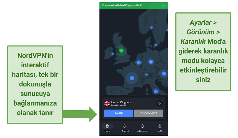 Screenshot of NordVPN's mobile app user interface